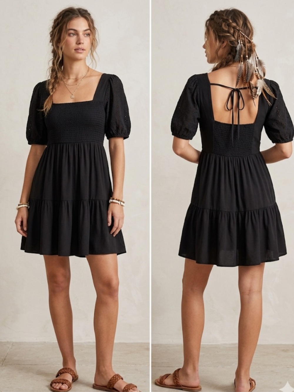 BCBG Paris Eyelet Puff Sleeve Tiered Babydoll Mini Dress Black L